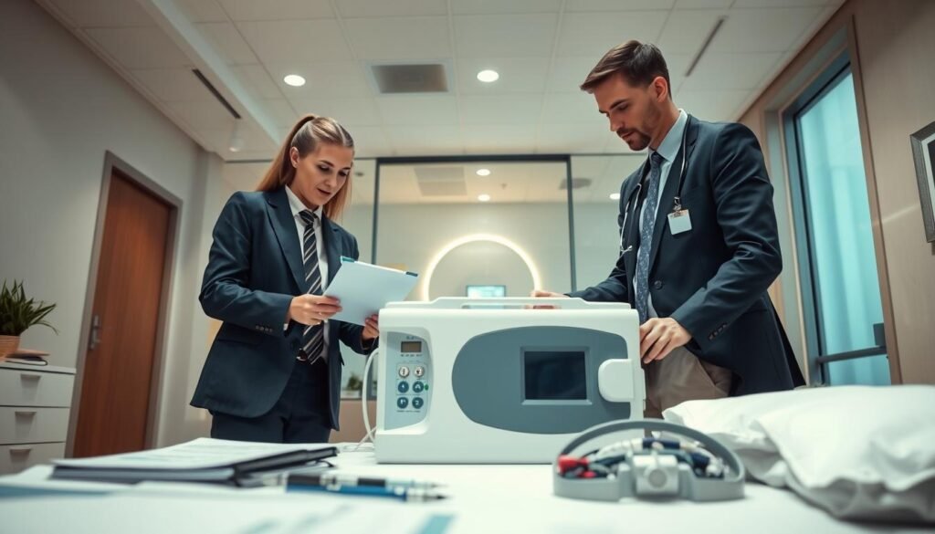A professional healthcare setting featuring a team of two healthcare professionals, one male and one female, dressed in smart business attire, working together as they prepare to relocate a sleep apnea machine. The foreground shows the doctors examining the device with detailed attention, while the middle ground presents an organized workspace with medical charts and transportation equipment. In the background, a modern clinic interior is visible, equipped with soothing color palettes and soft lighting to create a calm atmosphere. The angle captures the professionals in action, emphasizing their collaboration and expertise. A subtle glow from a window enhances the comforting mood, signifying hope and care in sleep apnea management.