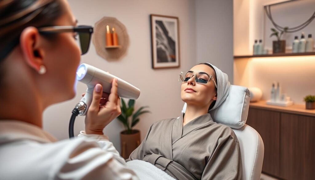 A serene and professional spa setting showcasing a female patient receiving a facial laser hair removal treatment. The foreground features a close-up of a skincare technician operating a sleek, modern laser device with precision. The patient sits comfortably on the treatment chair, wearing a stylish yet modest spa robe and protective eyewear, exhibiting a calm demeanor. The middle ground consists of soft, diffused lighting that creates a soothing atmosphere, accentuating the relaxing ambiance of the room. Featured elements include a minimalist décor with subtle plants and elegant wall art. The background displays various skincare products neatly arranged on a shelf, contributing to the sense of a well-equipped treatment space. The overall mood is tranquil and professional, emphasizing safety and comfort during the procedure.