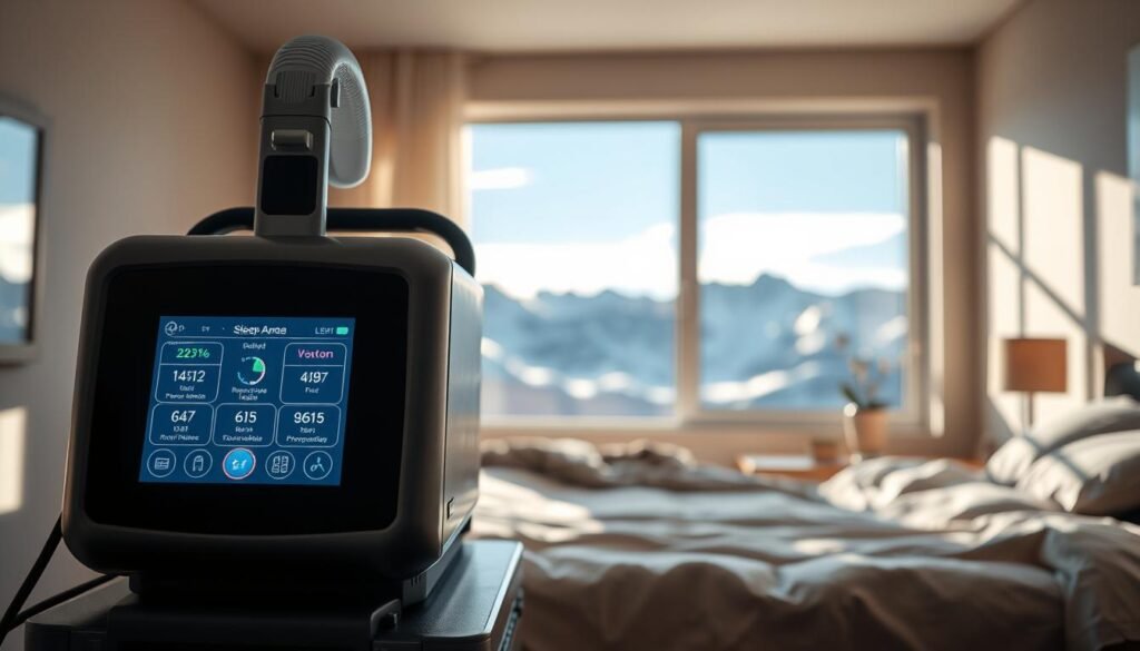 A sophisticated sleep apnea machine prominently displayed in the foreground, showcasing its digital interface with vibrant, glowing metrics indicating pressure compensation levels. In the middle ground, a serene bedroom scene reflects a high-altitude environment with a large window revealing snow-capped mountains under a clear blue sky, symbolizing elevation challenges. Soft, natural sunlight filters in, casting gentle shadows on the walls and illuminating the machine. The background features an ambient atmosphere, creating a sense of tranquility and advanced technology harmoniously coexisting. Capture this scene using a wide-angle lens to emphasize the relationship between the machine and its environment, evoking a mood of innovation and comfort, ideal for users in varying atmospheric conditions.