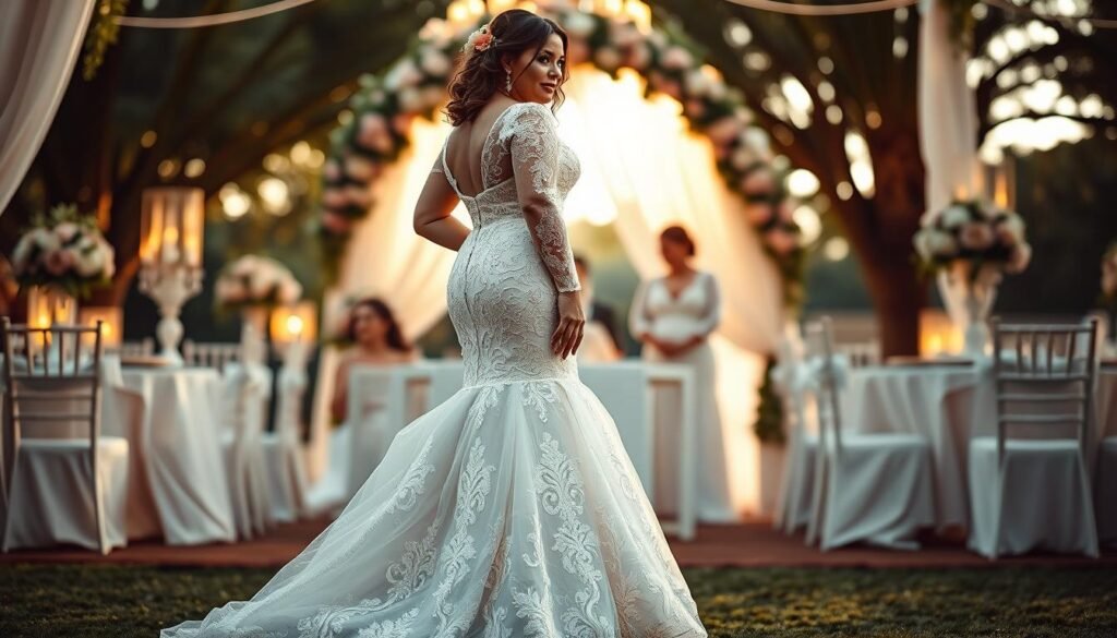 A stylish wedding scene featuring a curvy woman wearing an elegant mermaid wedding dress that flatters her figure. The dress is adorned with intricate lace and soft layers, creating an hourglass silhouette. She stands confidently, showcasing the fishtail design that accentuates her curves gracefully. The background presents a beautifully decorated outdoor wedding venue with soft, natural lighting, casting a warm glow on the scene. The focus is on the woman, capturing the intricate details of her attire, including delicate floral accents in her hair. Shot from a slightly low angle to enhance her stature, conveying a sense of elegance and poise in a celebratory atmosphere. This vivid portrayal highlights the effectiveness of the mermaid dress style for curvier figures.